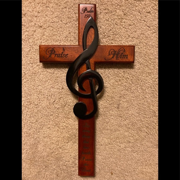 Solid Mahogany Wall Cross with Treble Clef - Psalm 150 “Praise Him” - Picture 3 of 8